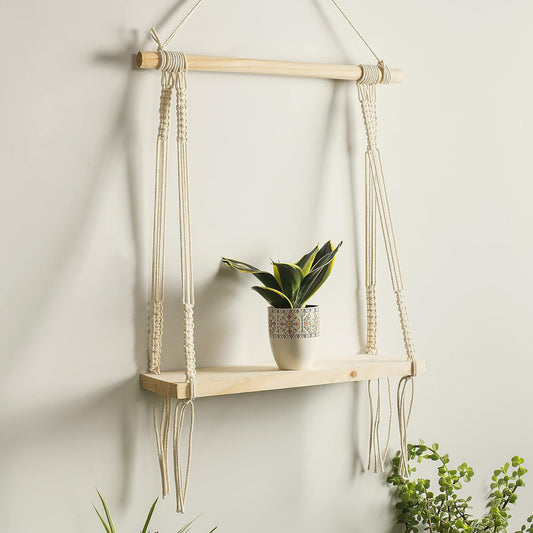Macrame Wall Hanging Shelf Boho Wooden Display Floating Shelves for Wall Decor with Handmade Woven Rope Plant Shelf for Bedroom Dorm Nursery Living Room Bathroom 17x16 Inches